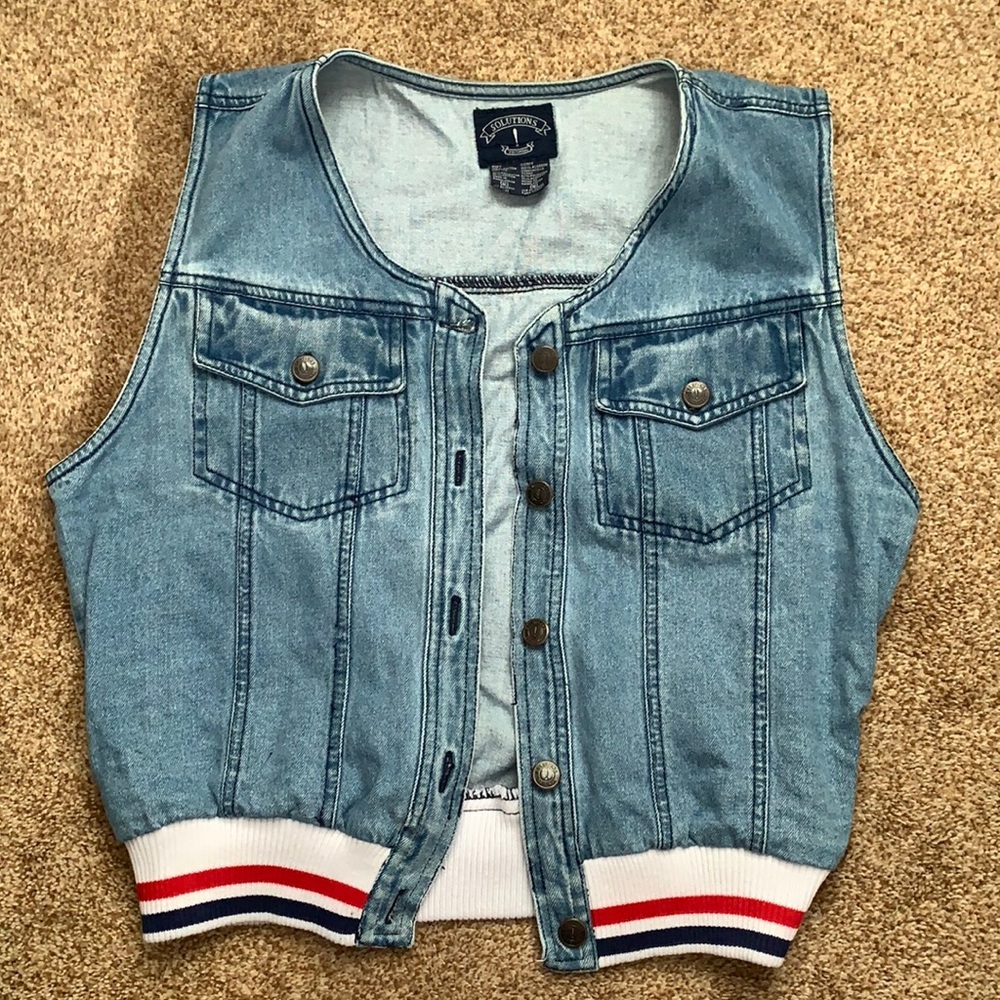 Solutions Original Vintage Blue Jean Vest w/ Red,White, Blue Knit Rib Band, M